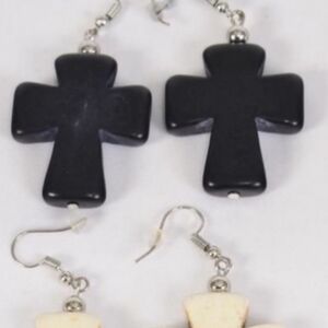 Cross Earrings Black Chunky Semiprecious Stone Howlite lightweight 1" NEW